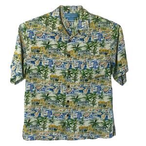 Bermuda Bay Hawaiian Silk Shirt Tropical Island Print Coconut Button Mens Medium